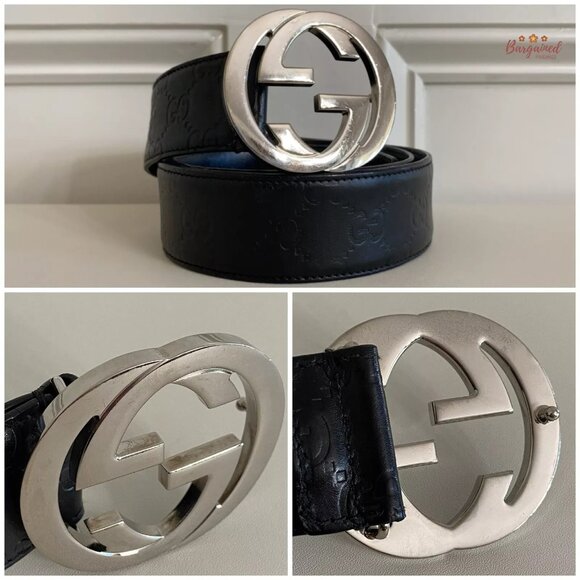 Authentic Gucci Black Guccissima Leather Silver Interlocking G Buckle Belt 90/36 - Picture 3 of 14